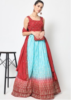 Red & Blue   Chinon Silk Designer Lehenga 